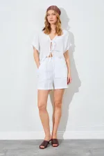 Kadın Ekru Düşük Kol Bağlamalı Bluzlu Şortlu Keten Takım