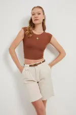 Women's Stone Waist Belted Lycra Gabardine Midi Shorts