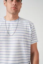 Erkek Mavi Bisiklet Yaka Ringel Mini Waffle Tişört