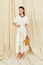 Kadın Ekru 199 Düşük Kol Pile Detaylı Önü Düğmeli Poplin Elbise