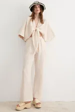 Kadın Taş Yarasa Kol Ön Bağlamalı Gömlek