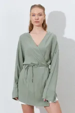 Kadın Haki Kruvaze Yaka İp Bağlamalı Ceket