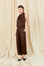 Kadın Kahve 9087 Yaka Bağlamalı Gold Tokalı Şalvar Pantolonlu Saten Takım