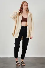 Kadın Naturel Oversize Basic Balık Sırtı Gabardin Gömlek