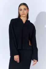 Kadın Siyah V Yaka Kapşonlu Yırtmaçlı Etek Selanik Takım