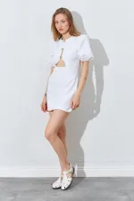 Kadın Ekru Karpuz Kollu Önü Düğmeli Mini Elbise