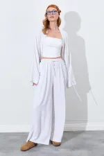 Kadın Naturel Beli Lastikli Palazzo Keten Pantolon