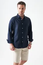 Erkek Lacivert Uzun Kol Basic Pamuk Flam Regular Gömlek