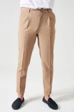 Erkek Bej Beli Yarım Lastikli Tek Pile Duble Paça Diamond Kumaş  Pantolon