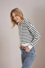 Women's Black Three-Thread Striped Hooded Crop Sweatshirt