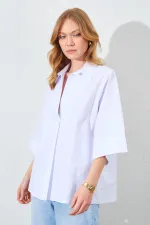 Kadın Beyaz Düşük Kol Önü Patlı Salaş Kesim Gömlek
