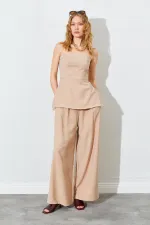 Kadın Vizon Straplez Bluzlu Palazzo Pantolonlu Takım