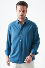 Erkek Petrol Uzun Kol Basic Pamuk Flam Regular Gömlek