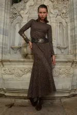 Kadın Kahve Bisiklet Yaka Desenli Volanlı Elbise(111)