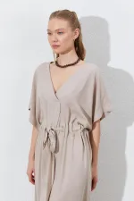 Kadın Koyu Bej Düşük Kol Beli Tünel Kemerli Keten Uzun Elbise