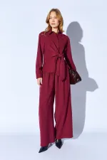 Women's Plum Tie-Up Shirt and Wide-Leg Trousers Set