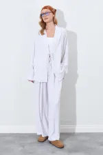 Kadın Naturel Önü İp Bağlamalı Kimone Ceket