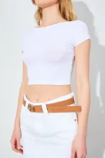 T-shirt court côtelé à col rond Off-White pour femme (25511)