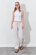 Kadın Taş Beli İp Bağlamalı Keten Yan Cepli Bol Paça Pantolon