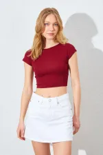 Kadın Bordo (25511) Bisiklet Yaka Full Likra Ribana Kısa Tişört