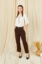 Kadın Koyu Kahve 3523 Cep Görünümlü Çift Fletolu  Kemerli Joger Pantolon