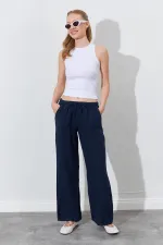 Women's Navy Blue Linen Wide Leg Trousers with Drawstring Waist and Side Pockets