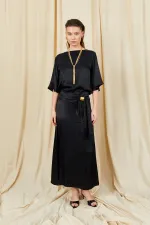 Women's Black 9090 Short-Sleeved Dropped Skirt Satin Set with Gold Buckle