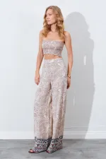 Kadın Vizon Croplu-Palozzo Pantolonlu Desenli Takım