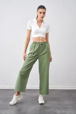 Kadın Haki Beli Bağlamalı Geniş Piş Dikişli Paça Pantolon