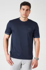 Erkek Lacivert Bisiklet Yaka Kol Yaka Şeritli Kagi Kumaş Tişört