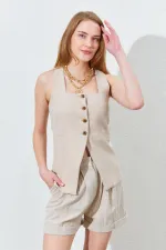 Gilet en lin pour femme, col carré en pierre, lien dans le dos