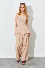 Kadın Vizon Straplez Bluzlu Palazzo Pantolonlu Takım