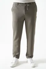 Erkek Haki Beli Yarım Lastikli Mendi Örme Jakar Pantolon