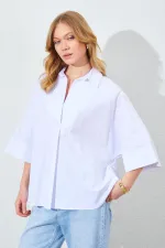 Kadın Beyaz Düşük Kol Önü Patlı Salaş Kesim Gömlek