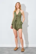 Kadın Haki Önü İp Bağlamalı Müslin Kumaş Bluzlu Şortlu Takım