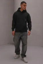 Men's Black Hooded Three-Thread Basic Sweatshirt