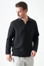 Erkek Siyah Uzun Kol V Ayaklı Yaka Regular Müslin Gömlek