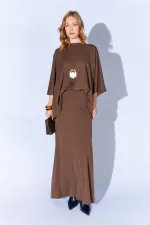 Kadın Kahve 172 Düşük Kol Bluzlu Uzun Pike Modal Etekli Takım