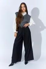 Kadın Siyah Beli Kalın Kemer Palazzo Pantolon