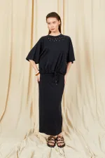 Kadın Siyah 164 Reglan Kollu Etek Ucu Bağlama Bluzlu Etekli Modal Takım