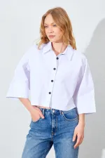 Kadın Beyaz Düşük Kol Çımalı Crop Poplin Gömlek