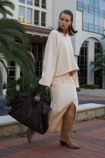 Kadın Tereyağ V Yaka Kapşonlu Yırtmaçlı Etek Selanik Takım