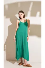 Kadın Zümrüt İp Askılı Rahat Kesim Ruhsel Kumaş Elbise
