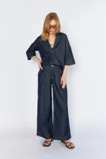 Kadın Rins Yıkama Gömlek Yaka Dirsek Kollu Gömlek Pantolonlu Jean Takım