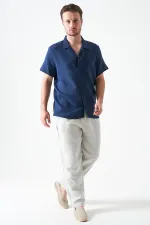 Erkek İndigo Kısa Kol Apaj Yaka Müslin Regular Gömlek