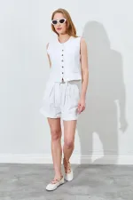 Kadın Ekru Duble Paça Keten Şort