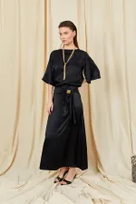 Women's Black 9090 Short-Sleeved Dropped Skirt Satin Set with Gold Buckle