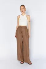 Kadın Kahverengi Bol Paça Dışarıdan Cepli Keten Pantolon
