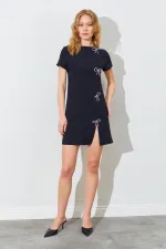 Kadın Siyah Bisiklet Yaka Kurdale Fiyonk Tokalı Elbise