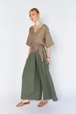 Kadın Haki Anvelop Model Keten Pantolon